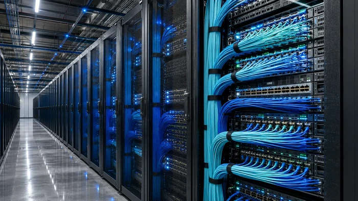 Modern data center with fiber optic cabling Modern data center with fiber optic cabling